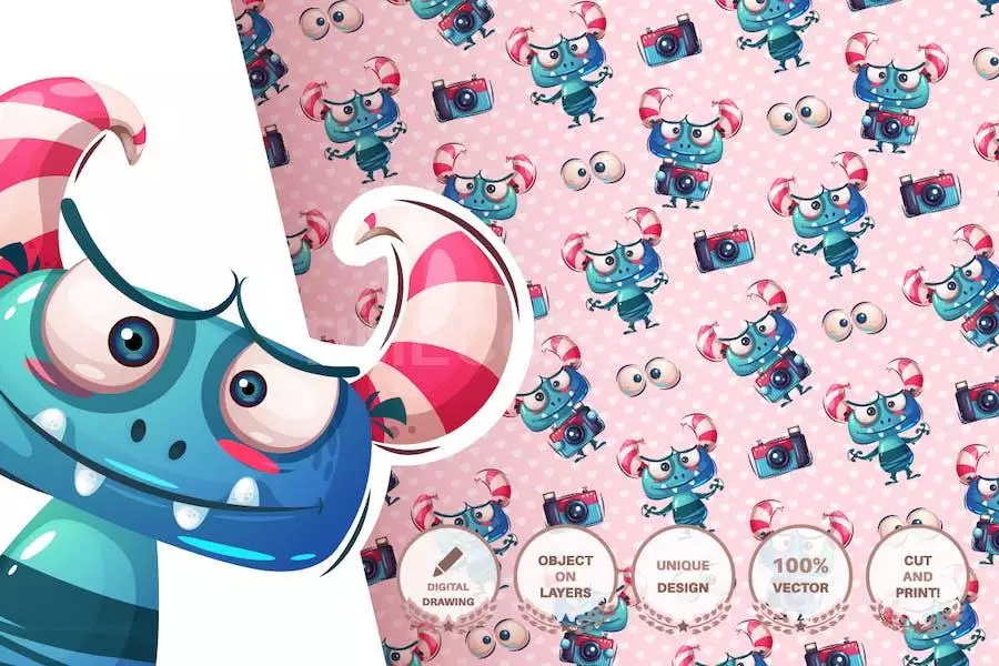 Cute Monster With Camera - Seamless Pattern