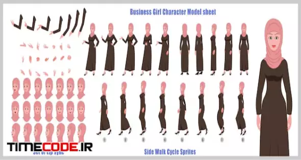 Arab Girl Character Model Sheet With Walk Cycle Animations And Lip Syncing