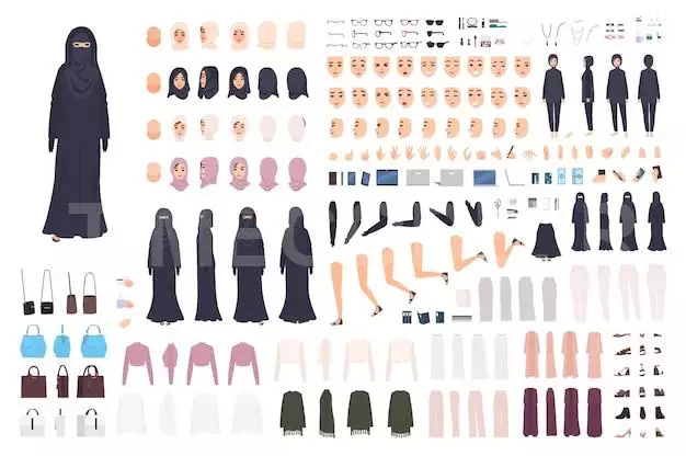 Young Arab Woman In Burqa Constructor Set Or Animation Kit. Bundle Of Female Character Body Parts, Emotions, Traditional Islamic Clothes Isolated On White Background. Flat Cartoon Vector Illustration.