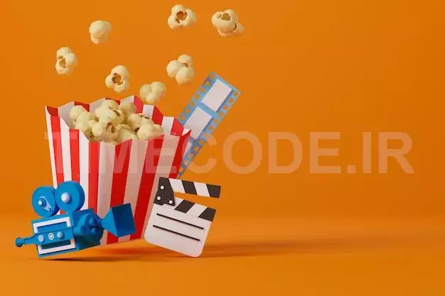 3d Rendering Popcorn Clapperboard Film Strip And Movie Camera On Orange Background With Copy Space