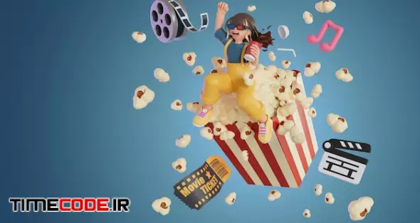 Women Wearing 3d Glasses Watching A Movie And Her Giant Popcorn 3d Render Illustration
