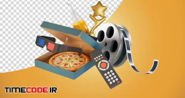 Home Movie Items Film Reels Remote 3d Glasses Pizza Orange Juice Award Plaques 3d Render Illustration