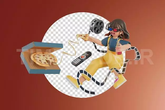 Women Enjoying Movies And Eating Pizza At Home 3d Render Illustration