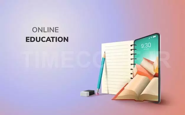 Digital Online Education Application Learning World Wide On Phone, Mobile Website Background. Social Distance Concept. Decor By Book Lecture Pencil Eraser Mobile. 3d Illustration - Copy Space