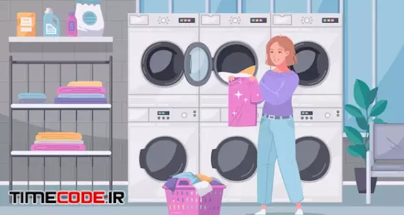 Multi Housing Self Service Laundry Facility Interior View With Lady Folding Washed Clothes Flat Cartoon Illustration