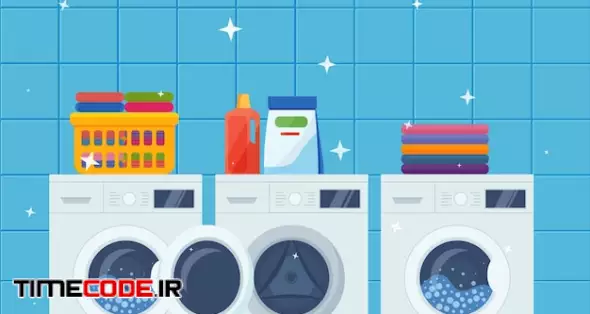 Laundry Room Interior With Washing Machine, Clothes And Cleaning Products. Eps 10