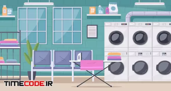 Self Service Coin Laundry Interior With Commercial Washing Machines Dryers Ironing Board Clothing Rack Cartoon Vector Illustration