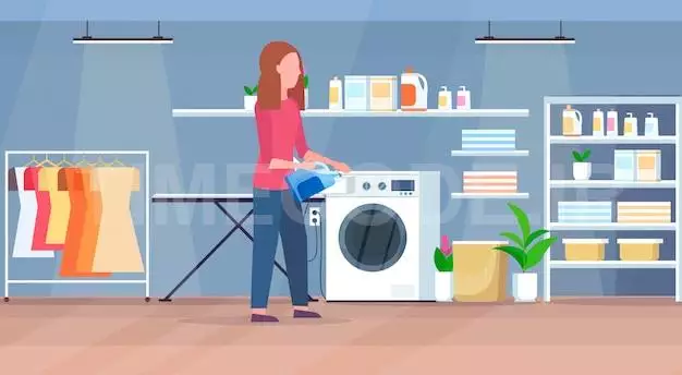 Woman Pouring Powder Gel Into Washing Machine Housewife Doing Housework Modern Laundry Room Interior Cartoon Character Full Length Flat Horizontal