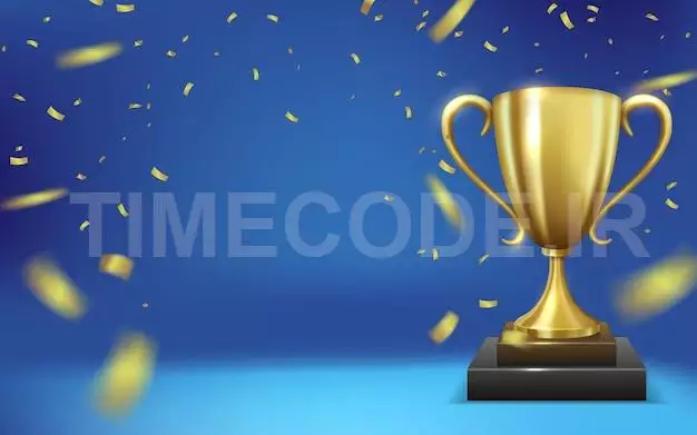 Realistic Golden Trophy Surrounded By Falling Confetti Isolated On Blue Background Vector