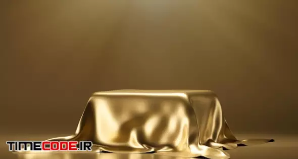 An Empty Pedestal Covered With A Golden Cloth. 3d Rendering Illustration.