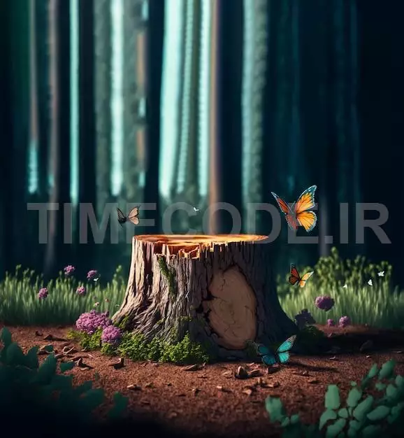 A Tree Stump In A Forest With Butterflies Product Podium Generative Ai