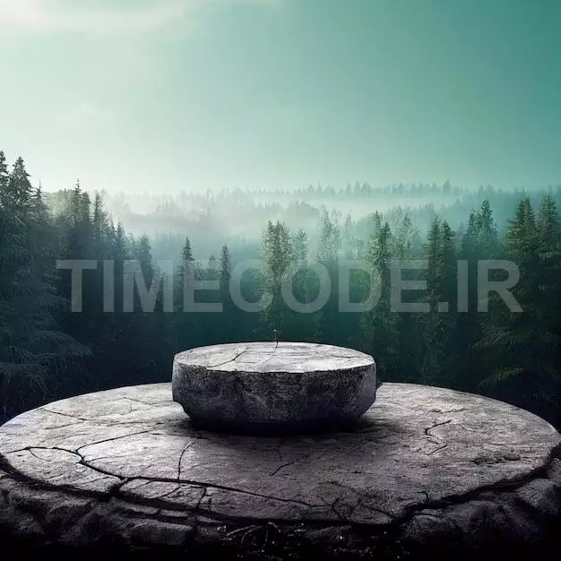 Flat Small Stone Podium On Rock Platform 3d Illustration Gray Rock Pedestal For Product Display Green Forest And Blue Horizon On The Background Natural Scenery Landscape Soft Daily Light