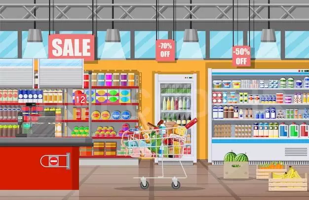Supermarket Store Interior With Goods. Big Shopping Mall. Interior Store Inside. Checkout Counter, Grocery, Drinks, Food, Fruits, Dairy Products. Vector Illustration In Flat Style
