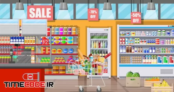 Supermarket Store Interior With Goods. Big Shopping Mall. Interior Store Inside. Checkout Counter, Grocery, Drinks, Food, Fruits, Dairy Products. Vector Illustration In Flat Style