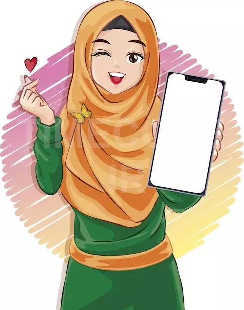 Young Muslim Women Like To Use Mobile Phones To Present Various Media Online. Flat Vector Illustrat