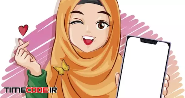 Young Muslim Women Like To Use Mobile Phones To Present Various Media Online. Flat Vector Illustrat