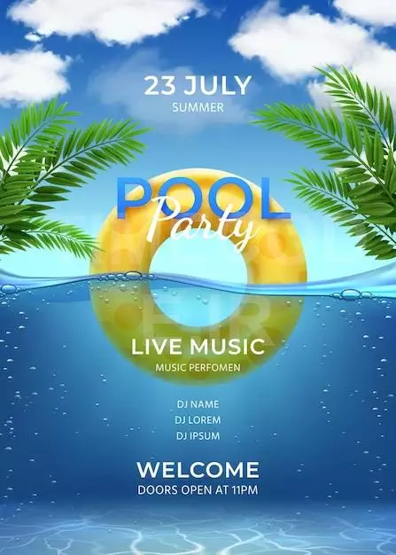 Pool Party. Summer Swimming Party Invitation Template With Inflatable Ring, Palm Leaves, Water And Sky With Clouds, Realistic Vector Poster. Illustration Pool Party Summer Template Poster