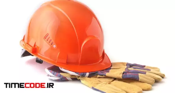 Orange Hard Hat, Safety Gloves On White Background. Safety Helmet.