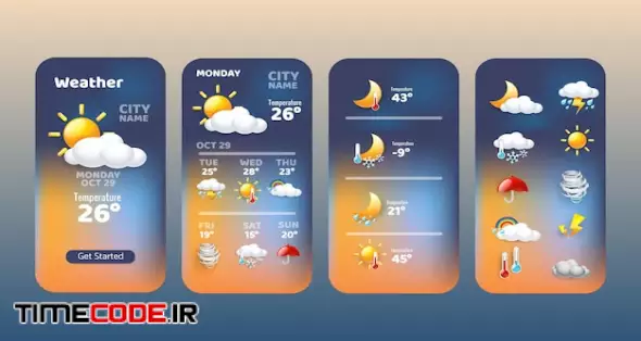 Weather Forecast Widget Collection Icon Mobile Application Program With Rain Cloud Sun Snowing Windy And Sunlight Symbol Vector Illustration Concept