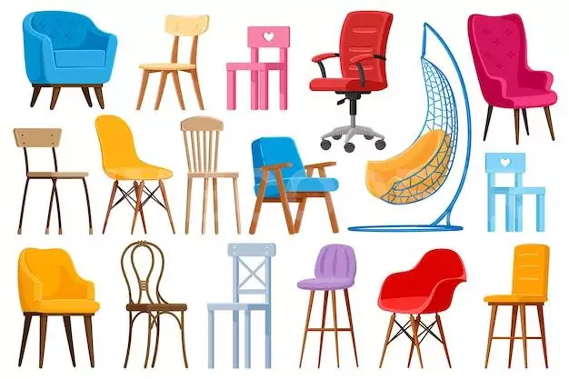 Cartoon Chairs. Home Or Office Modern Chairs And Armchairs, Interior Furniture Elements Illustration Set