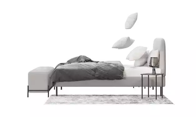 Double Bed With Carpet Pouf And Lamps On White Background Isolated Flying Pillows Action Side View Gray And White Bedding Modern Interior Design Element Bedroom Furniture Cut Out 3d Render