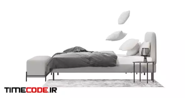 Double Bed With Carpet Pouf And Lamps On White Background Isolated Flying Pillows Action Side View Gray And White Bedding Modern Interior Design Element Bedroom Furniture Cut Out 3d Render