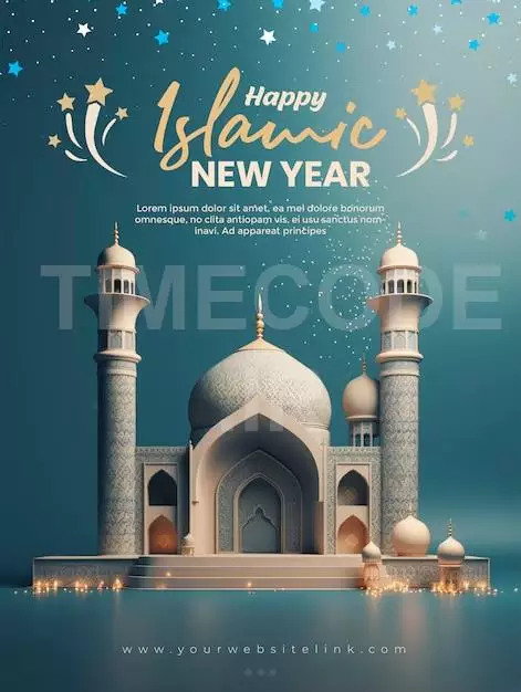 Happy Islamic New Year Social Media Post 3d Luxury Mosque Blue Background
