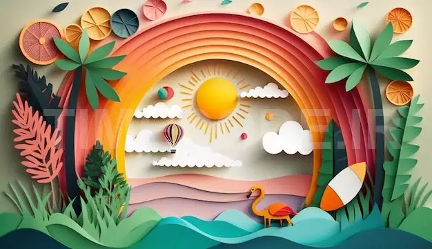 A Colorful Paper Cut Out Of A Tropical Landscape With A Flamingo And A Hot Air Balloon.