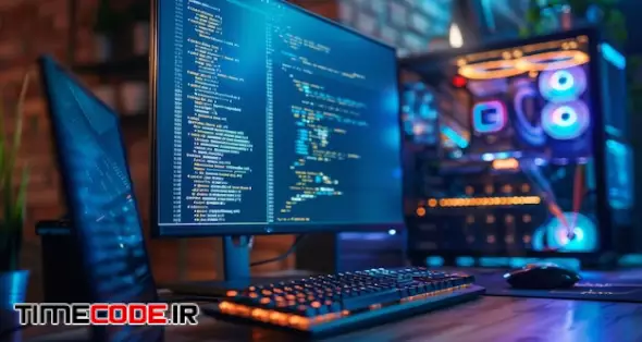 دانلود عکس مانیتور کامپیوتر با زمینه کد نویسی Vibrant Coding Workspace With Multiple Computer