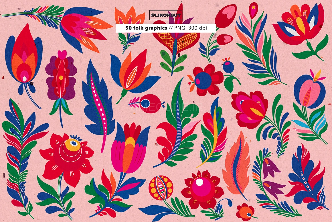 50 طرح گل نقاشی شده بدون پس زمینه Folk Abstract Floral Graphics ...