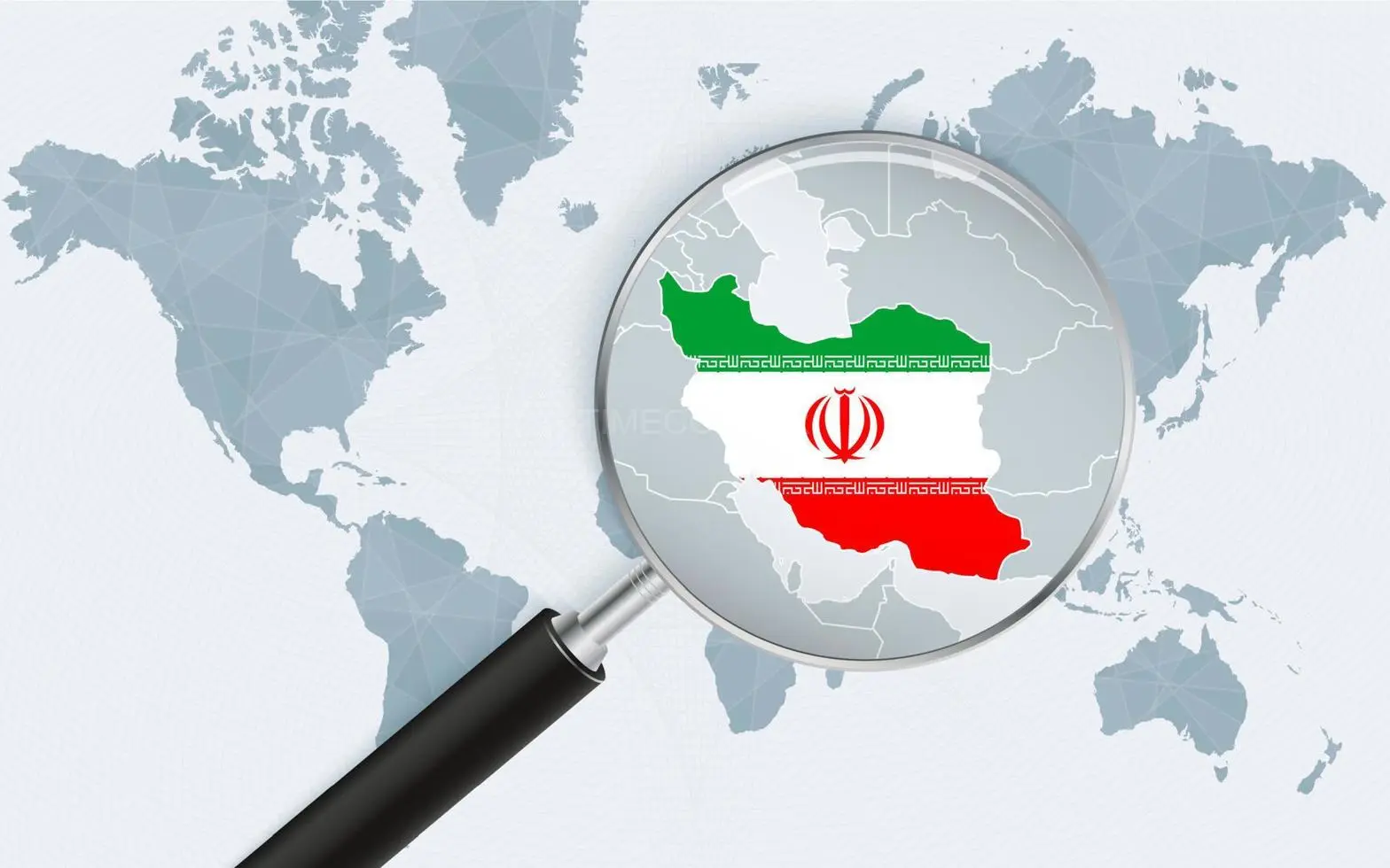 وکتور نقشه جهان با ذره‌بینی که به سمت ایران اشاره دارد