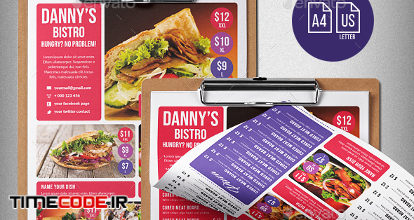  Dannys Bistro Food Menu Design A4 & US Letter 
