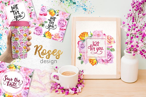 Pink roses collection watercolor