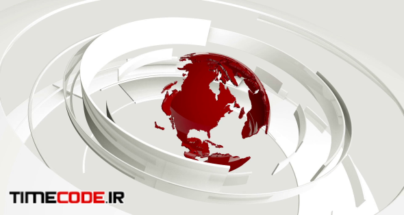 Seamless loop: 3D glossy white curved shapes and red Earth globe rotating. TV news, broadcasting, technology, science and engineering. Realistic shadows and reflections. 3D rendering.