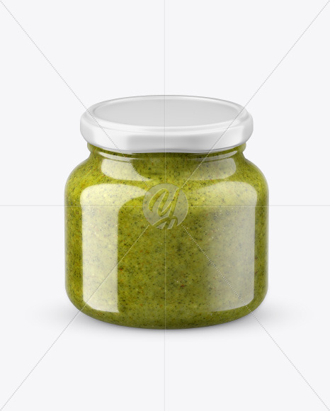 Glass Pesto Sauce Jar in Shrink Sleeve Mockup in Jar Mockups on Yellow Images Object Mockups