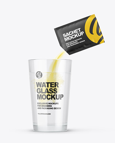 Sachet With Powder & Water Glass Mockup in Packaging Mockups on Yellow Images Object Mockups