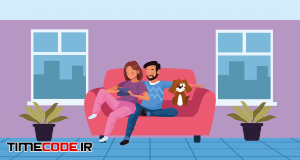 young lovers couple with dog mascot in livingroom stay at home campaign ,4k video animation