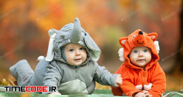 Two Baby Boys Dressed In Animal Costumes