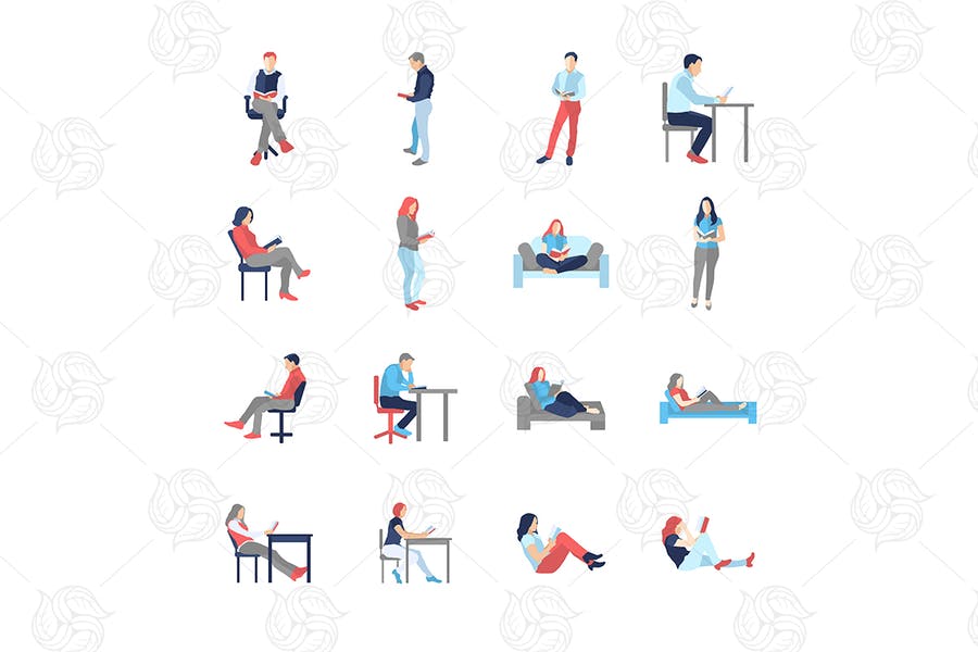 People, Male, Female, In Different Reading Poses