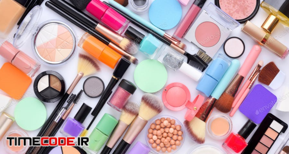 Makeup Cosmetics, Brushes And Other Makeup Products On White Bac