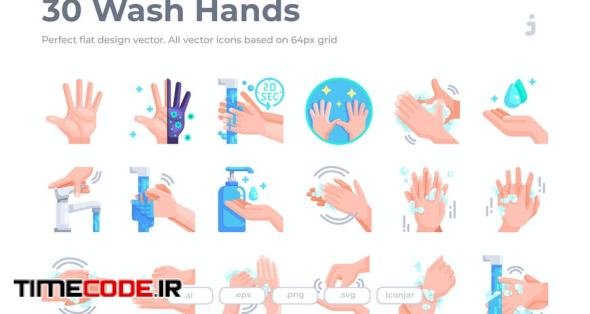 30 Wash Hands Icons - Flat