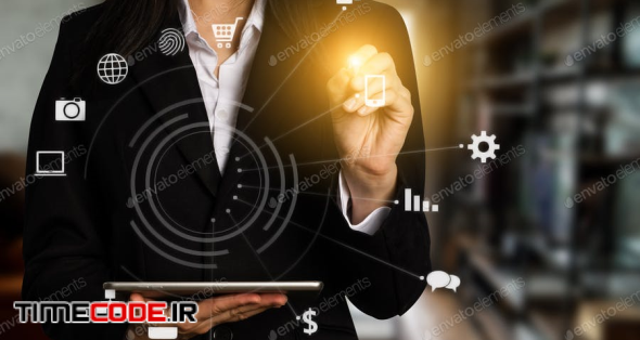Digital Marketing Media In Virtual Icon Globe Shape Business Open His Hand