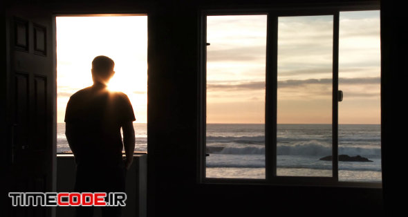 Person Watching Ocean Sunset Closes Door And Window Transition To Black