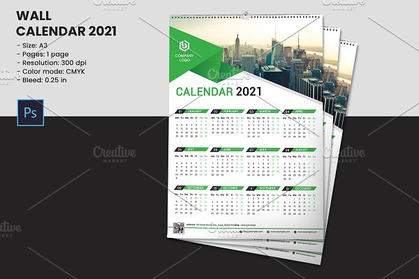 Wall Calendar Template 2021 - V30 | Creative Photoshop Templates