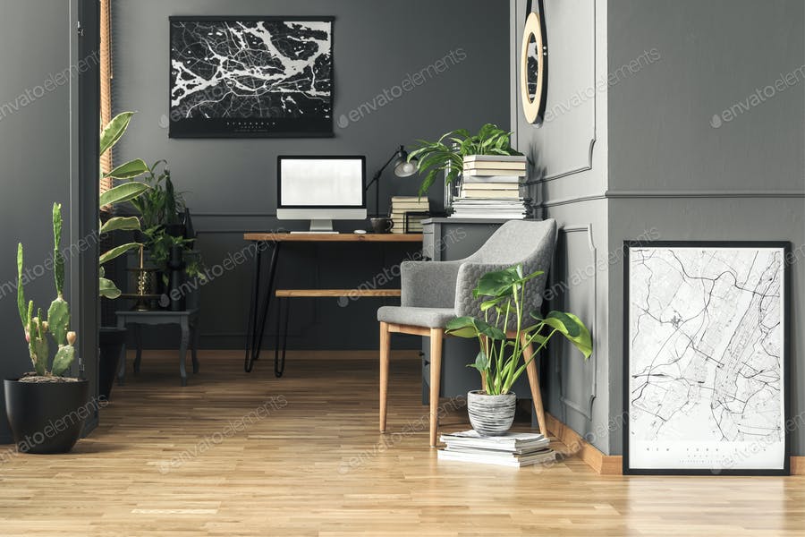 Fresh Green Plants In Real Photo Of Dark Room Interior With Wain