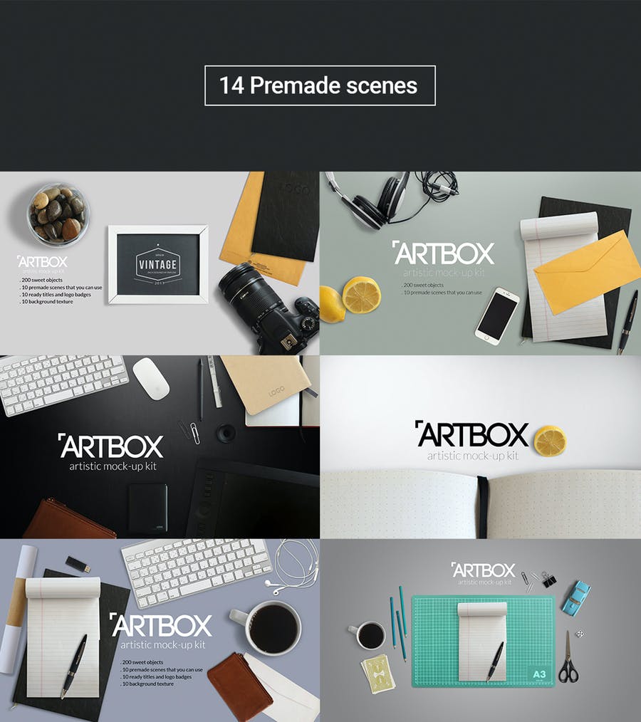 Download دانلود جعبه ابزار ساخت موکاپ میز تحریر ArtBox - Artistic Mockup Kit 31432 - تایم کد | مرجع ...