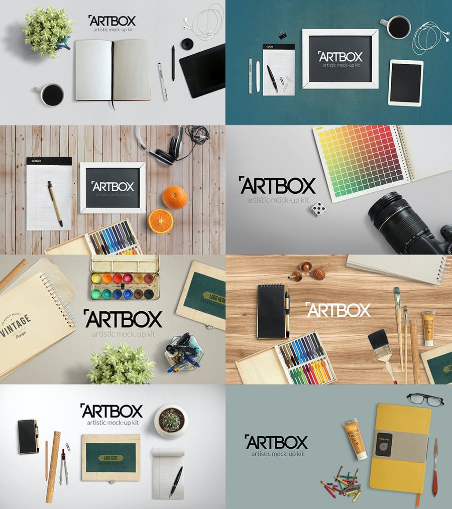 Download دانلود جعبه ابزار ساخت موکاپ میز تحریر ArtBox - Artistic Mockup Kit 31432 - تایم کد | مرجع ...