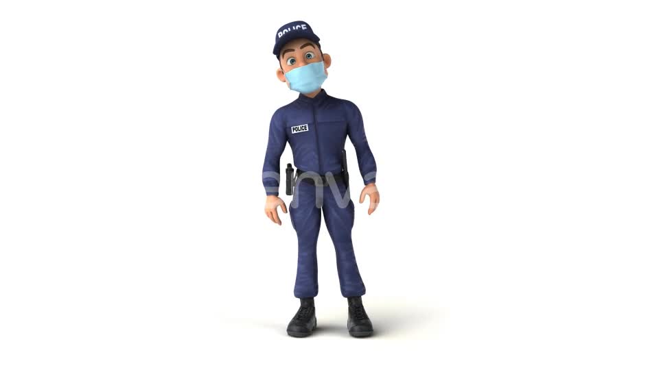  Fun cartoon Policeman walking and talking with a mask 