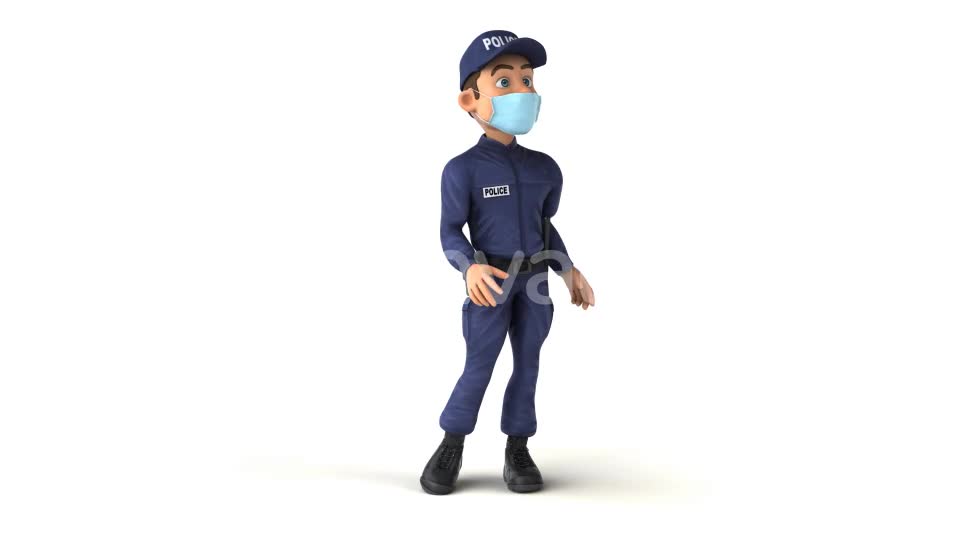  Fun cartoon Policeman walking and talking with a mask 