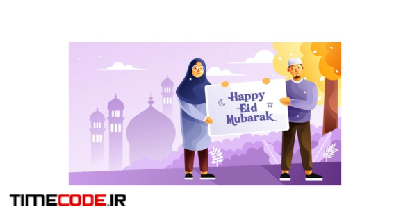 Muslim Couples Hold A Banner Happy Eid Mubarak